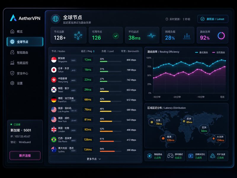AetherVPN全球高速节点延迟与载荷实时监控面板